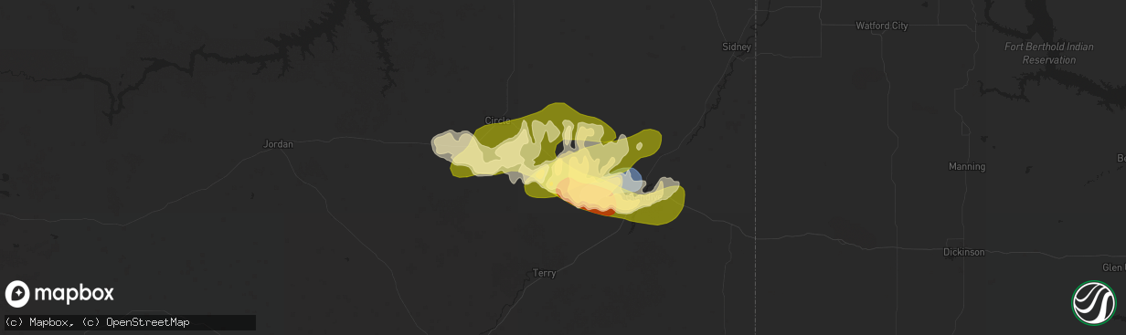 Hail map in Lindsay, MT on August 7, 2025