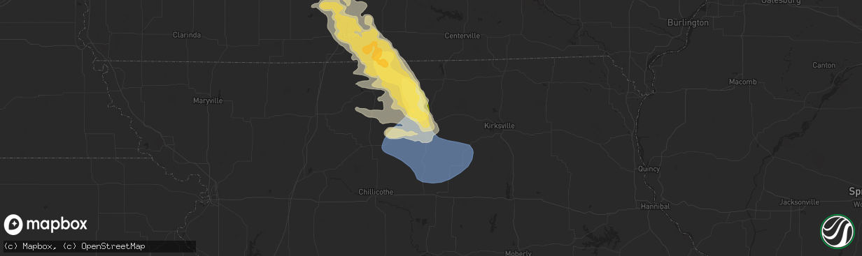 Hail map in Milan, MO on August 7, 2025
