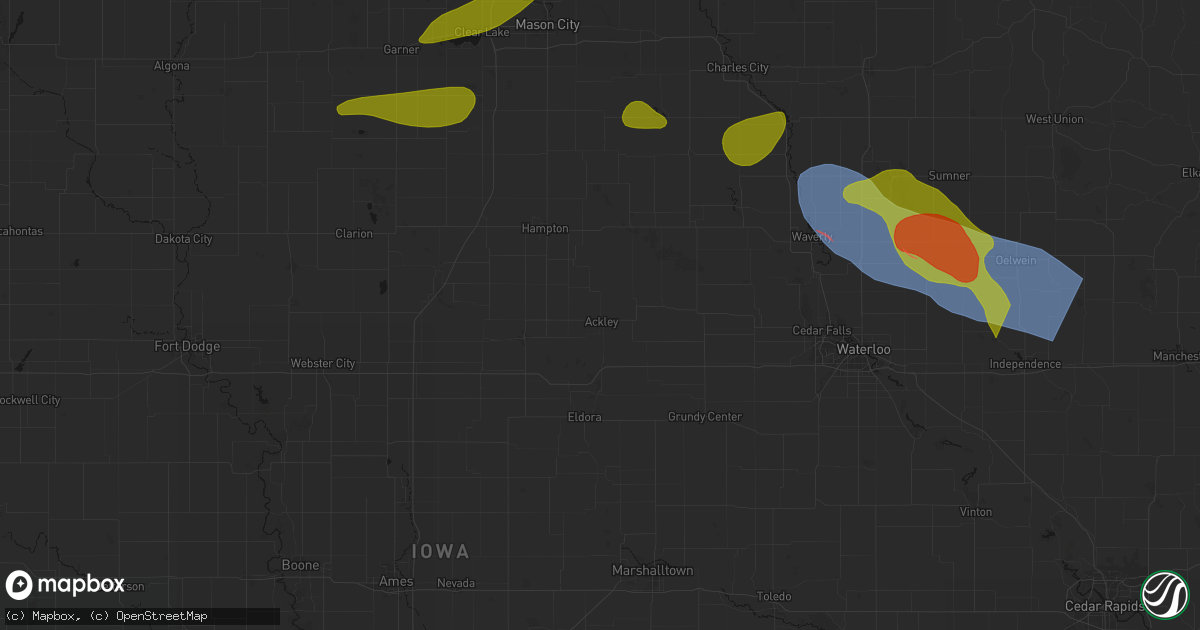Hail map in Ackley, IA on August 7, 2026
