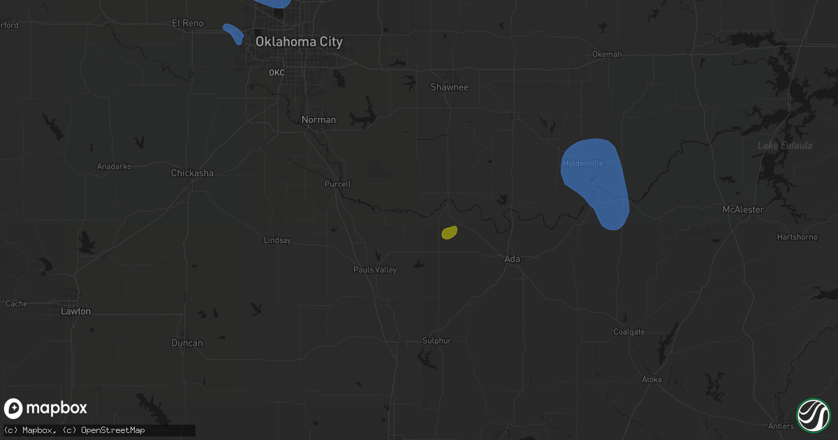 Hail map in Byars, OK on August 7, 2026