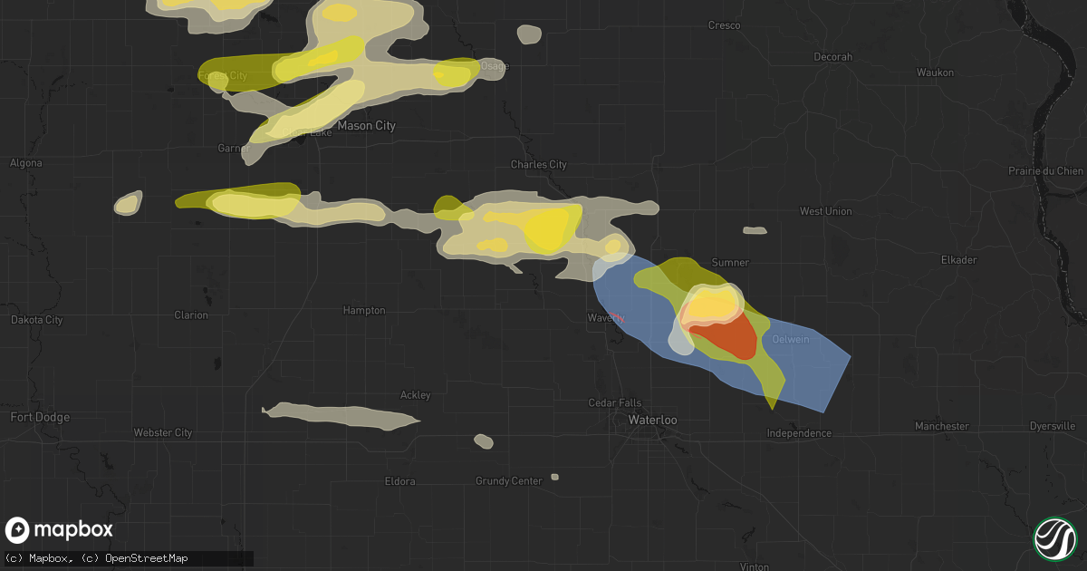 Hail map in Clarksville, IA on August 7, 2026