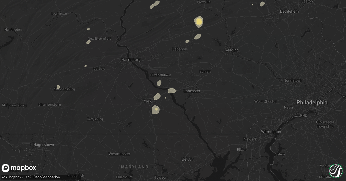 Hail map in Columbia, PA on August 7, 2026