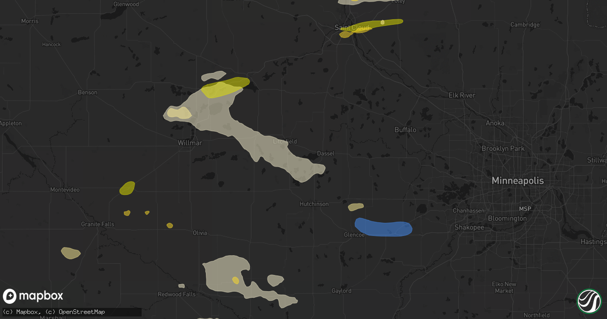 Hail map in Darwin, MN on August 7, 2026