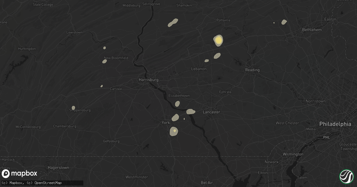 Hail map in Elizabethtown, PA on August 7, 2026
