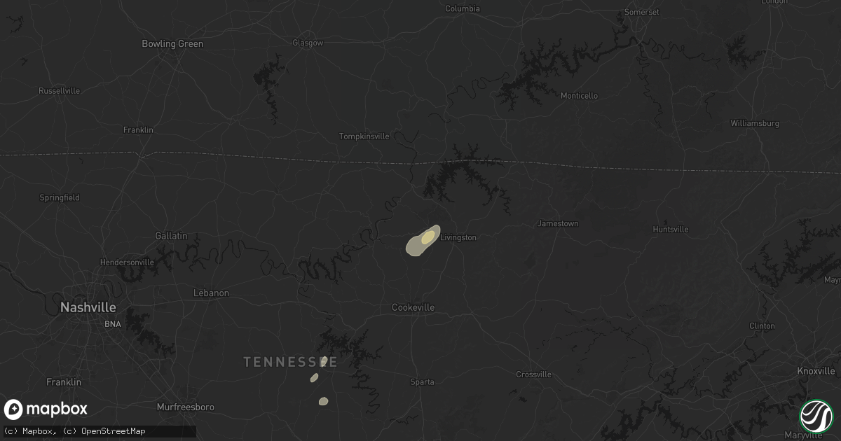Hail map in Hilham, TN on August 7, 2026