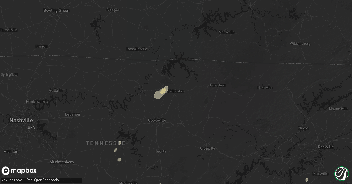 Hail map in Livingston, TN on August 7, 2026
