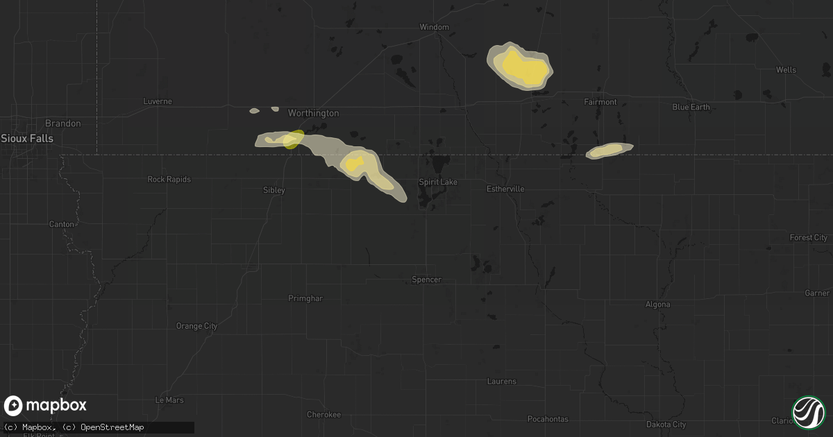 Hail map in Milford, IA on August 7, 2026