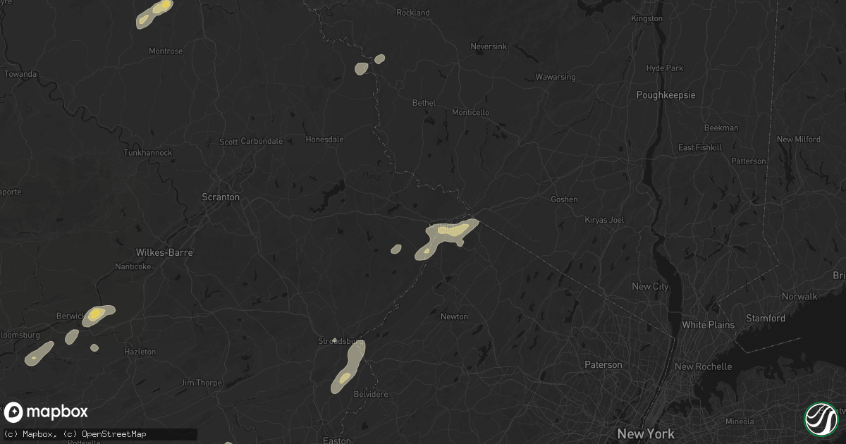 Hail map in Milford, PA on August 7, 2026