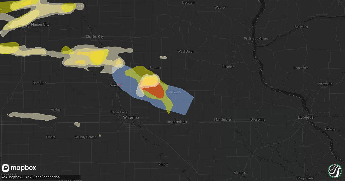 Hail map in Oelwein, IA on August 7, 2026