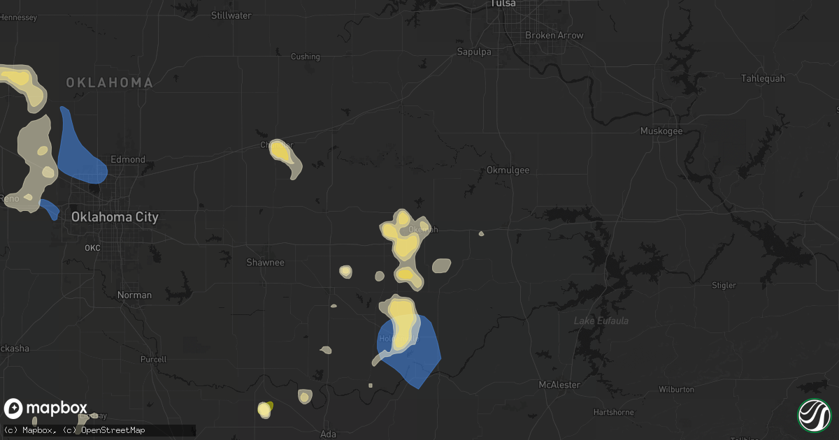 Hail map in Okemah, OK on August 7, 2026