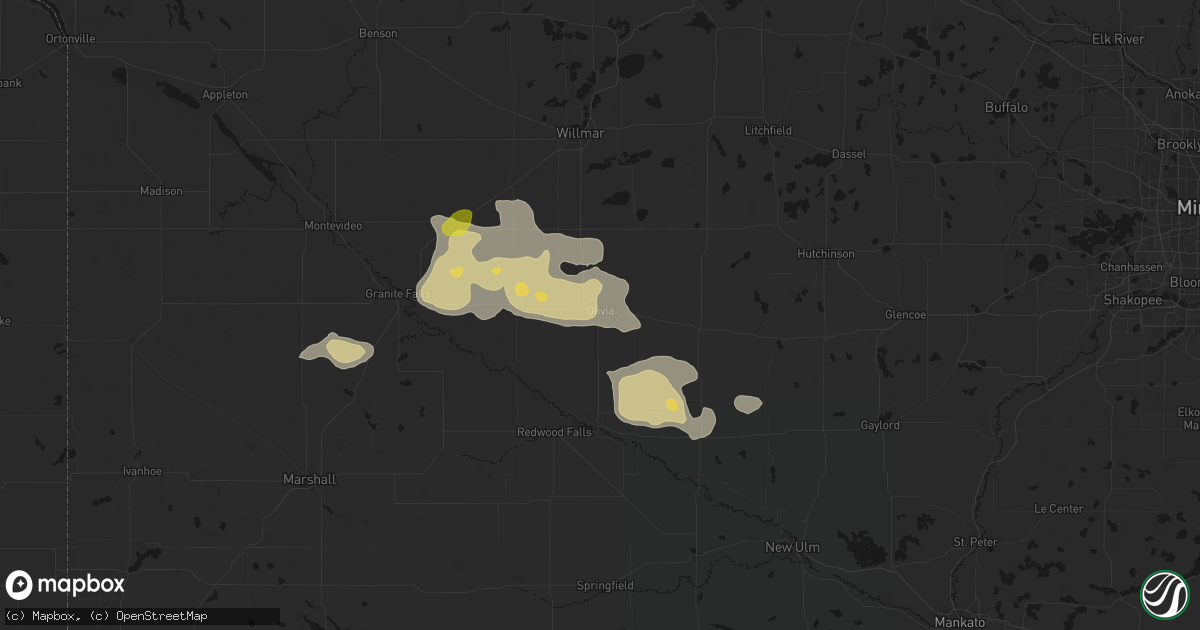 Hail map in Olivia, MN on August 7, 2026
