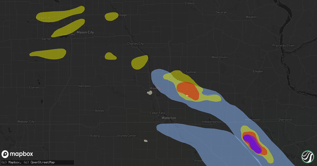 Hail map in Waverly, IA on August 7, 2026