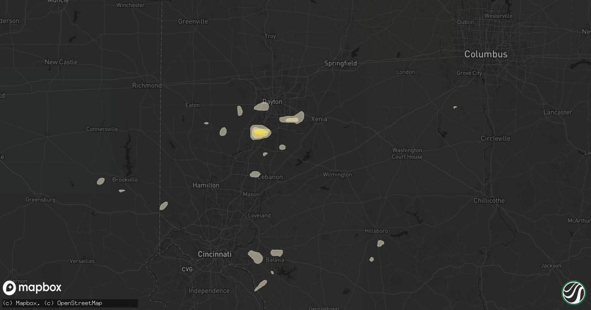 Hail map in Waynesville, OH on August 7, 2026
