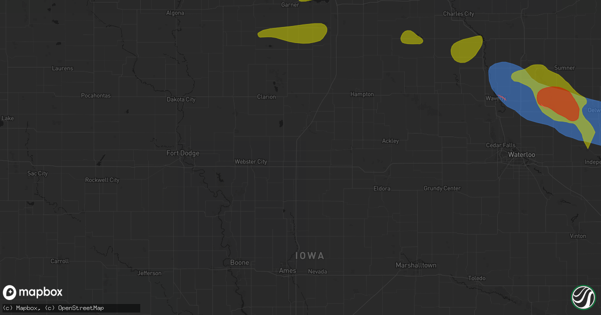 Hail map in Williams, IA on August 7, 2026