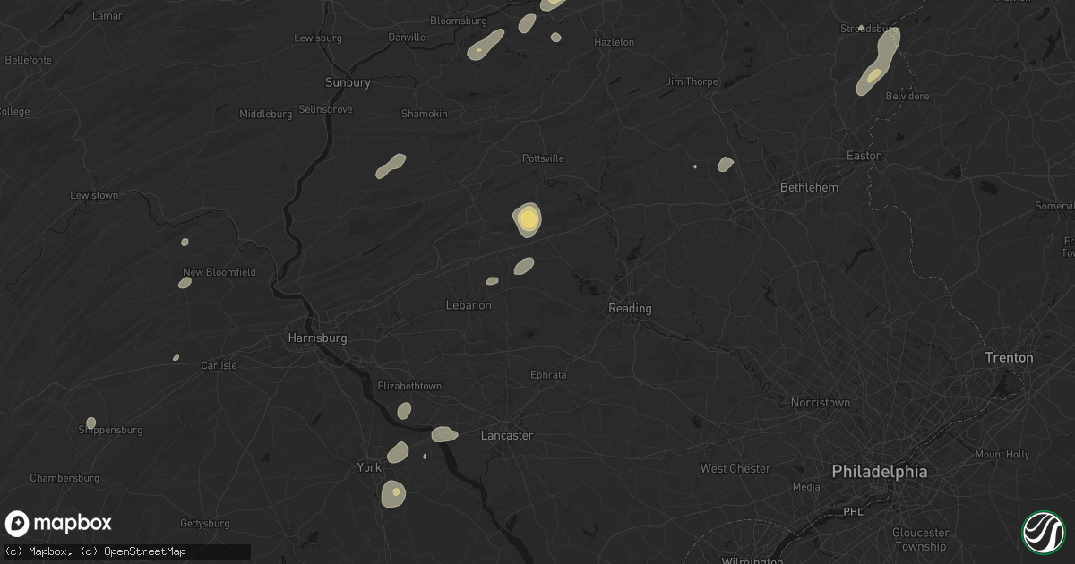 Hail map in Womelsdorf, PA on August 7, 2026