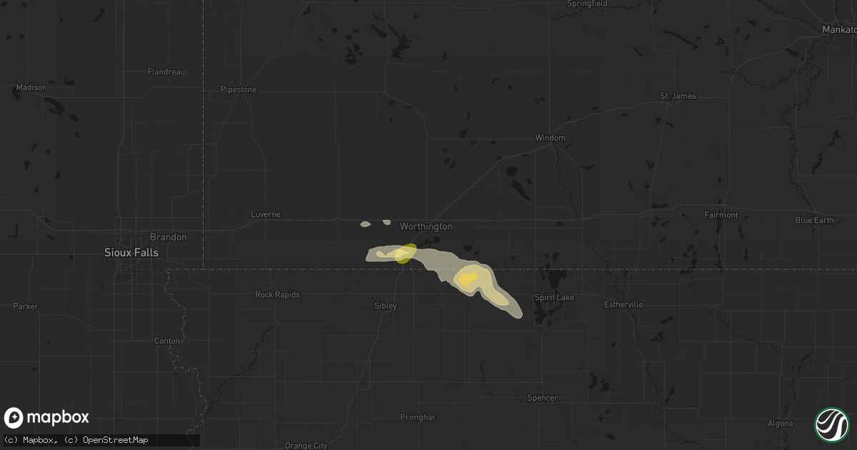 Hail map in Worthington, MN on August 7, 2026