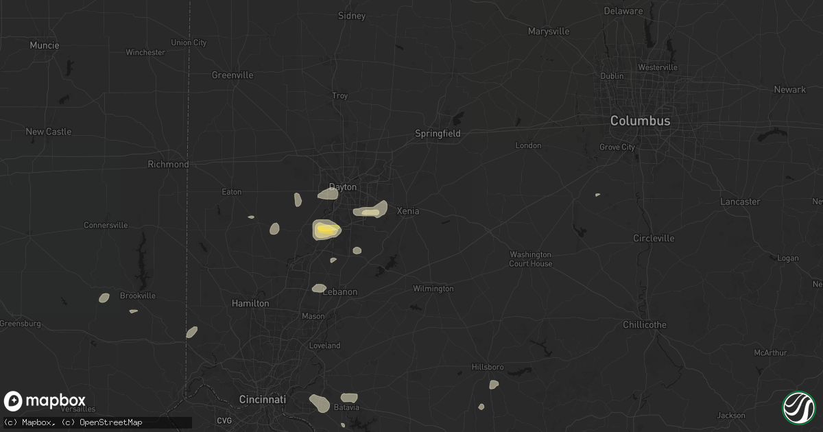 Hail map in Xenia, OH on August 7, 2026