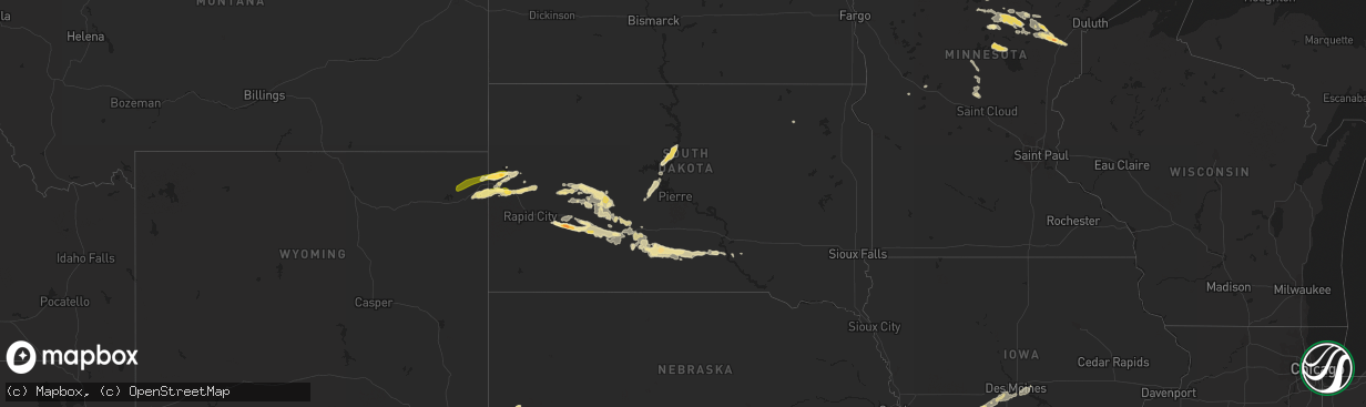 Hail map in South Dakota on August 8, 2015