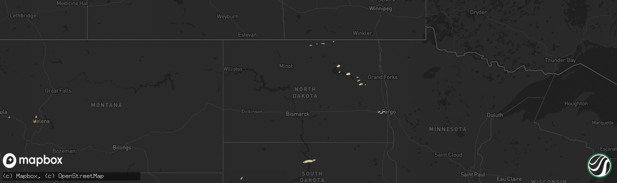 Hail map in North Dakota on August 8, 2016