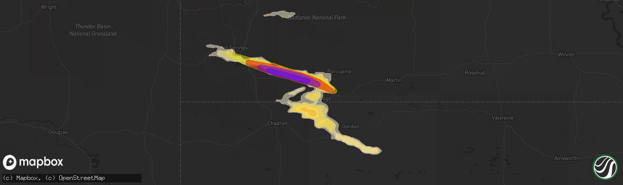 Hail map in Pine Ridge, SD on August 8, 2016