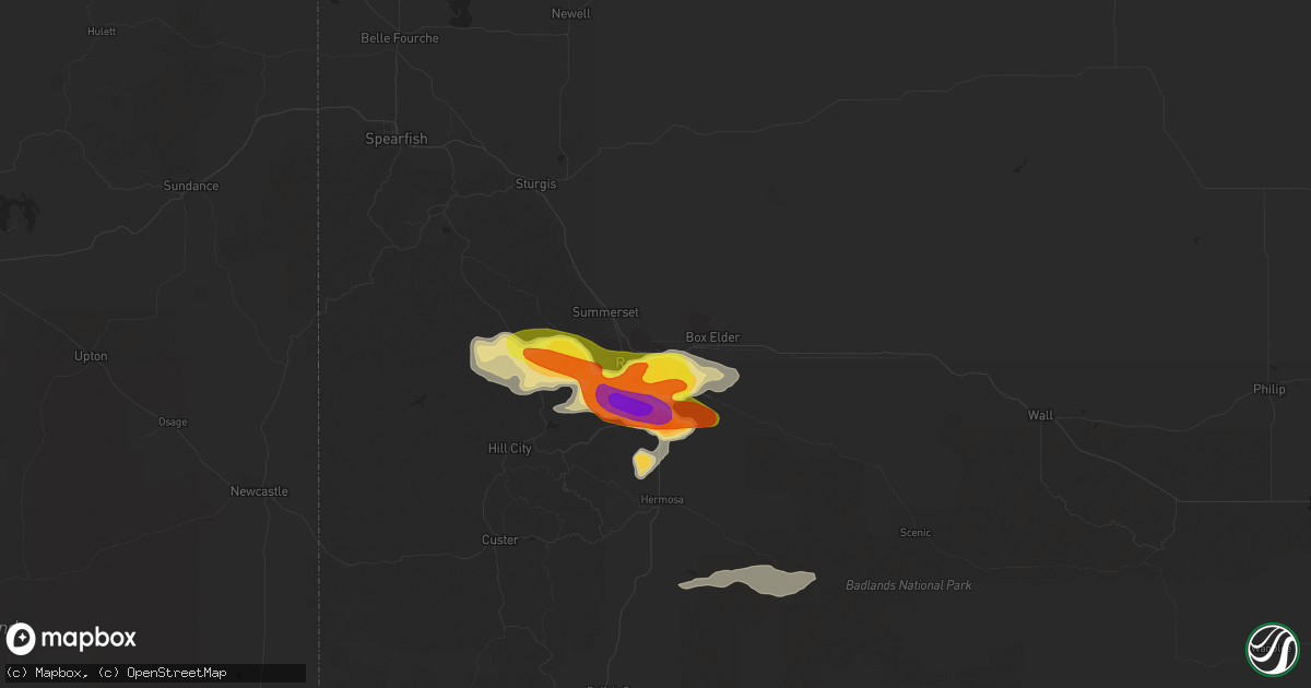 Hail map in Rapid City, SD on August 8, 2016