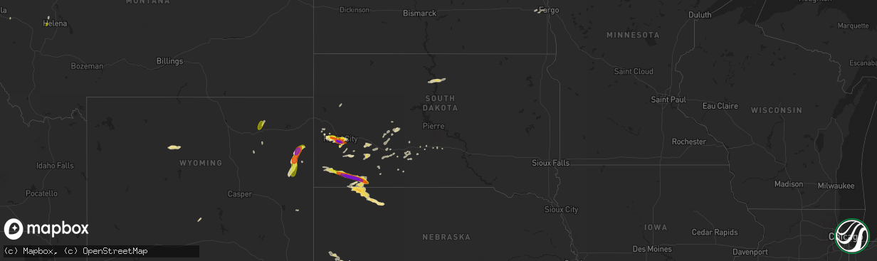 Hail map in South Dakota on August 8, 2016