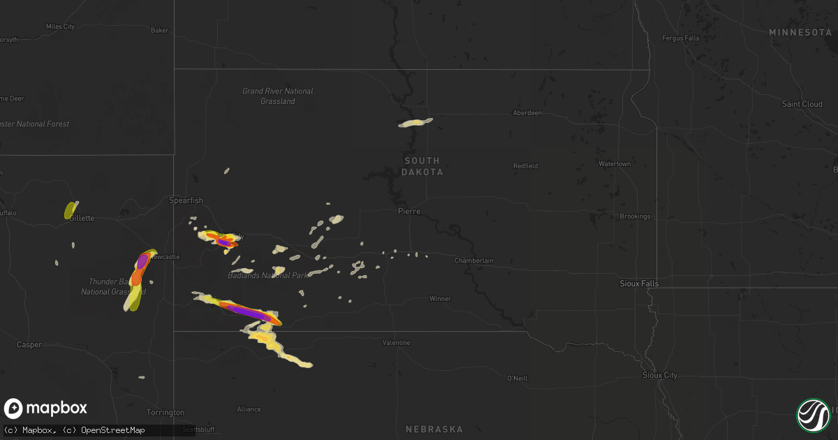 Hail map in South Dakota on August 8, 2016
