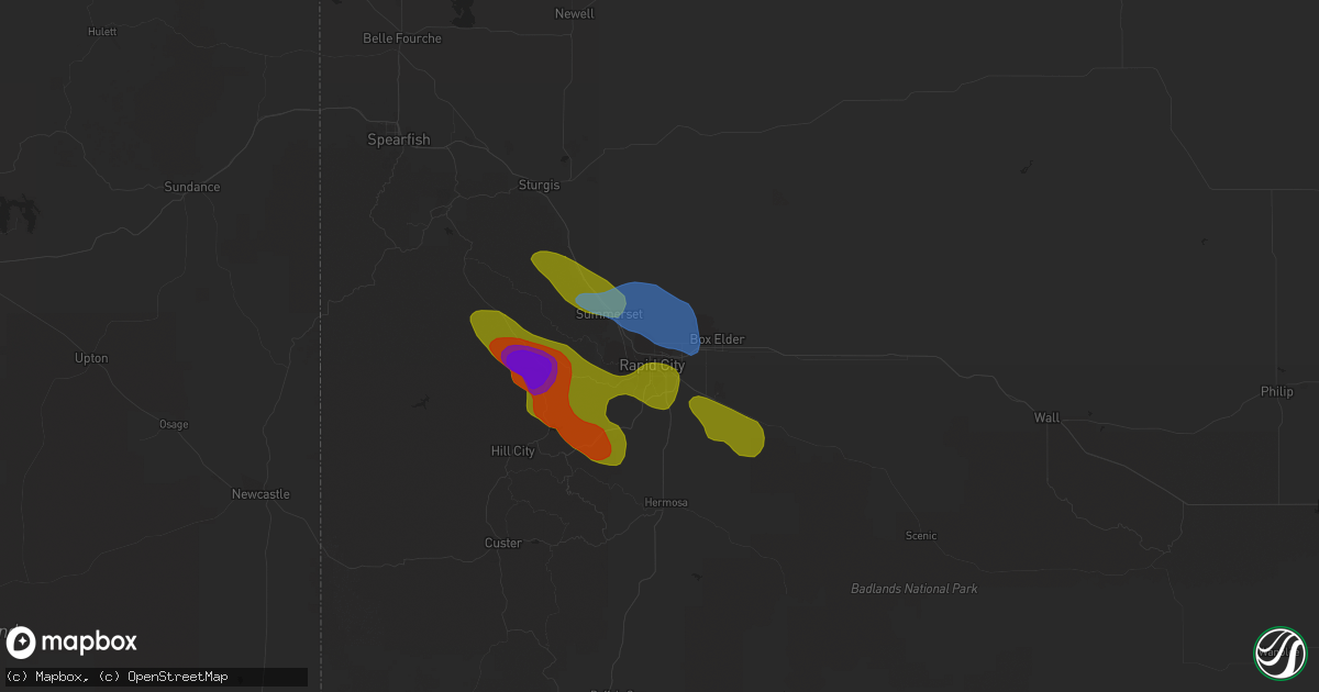 Hail map in Rapid City, SD on August 8, 2020