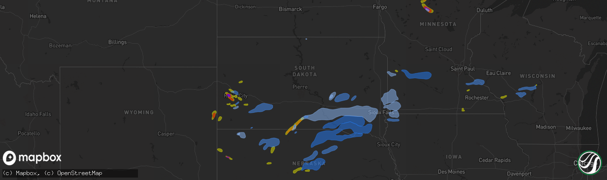 Hail map in South Dakota on August 8, 2020