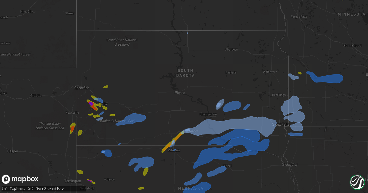 Hail map in South Dakota on August 8, 2020