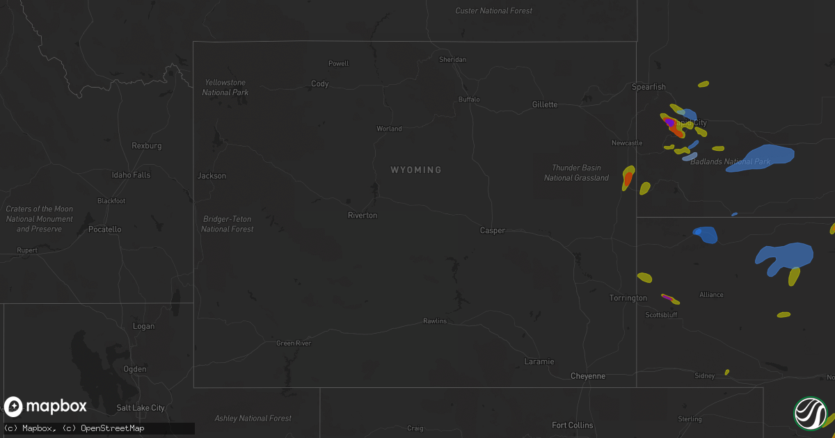 Hail map in Wyoming on August 8, 2020