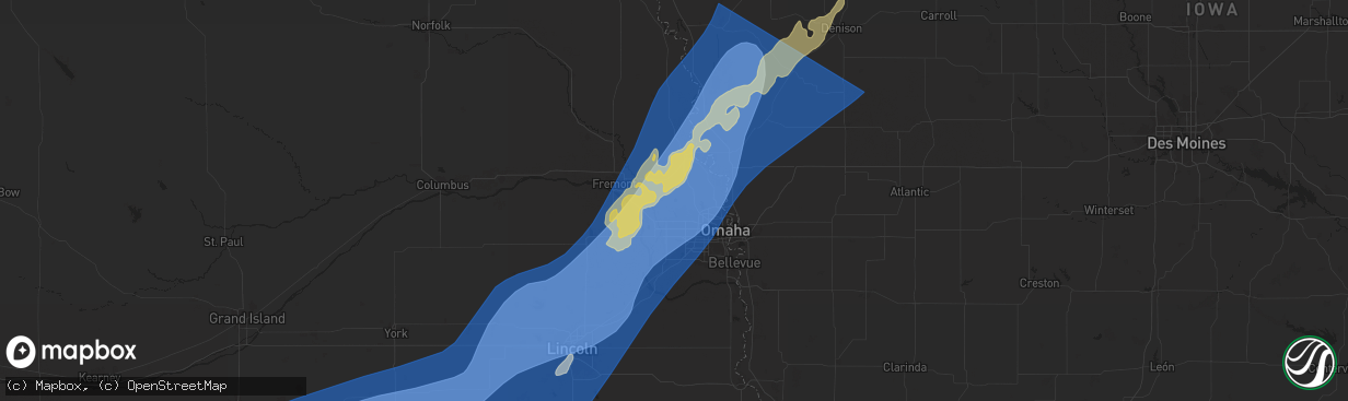 Hail map in Bennington, NE on August 8, 2025