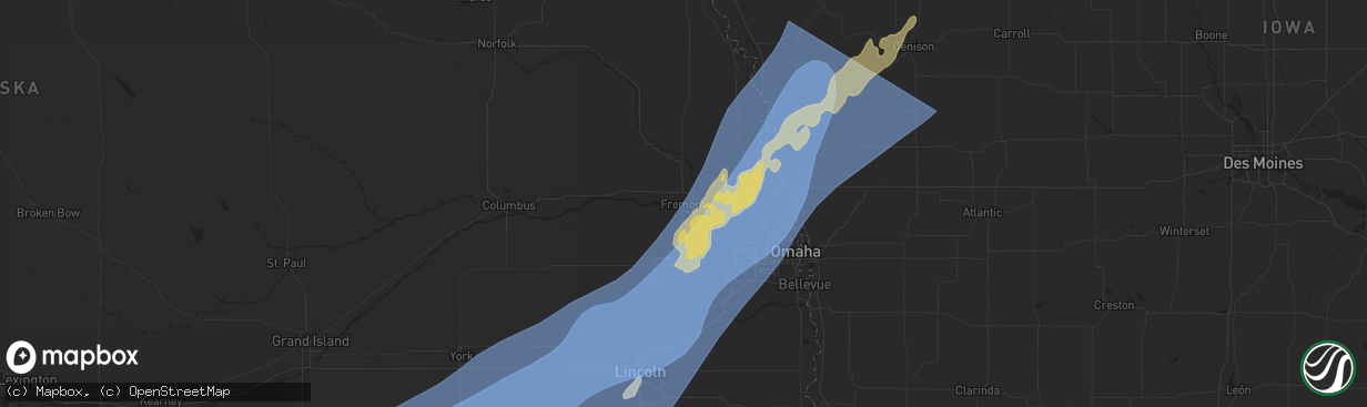 Hail map in Fremont, NE on August 8, 2025