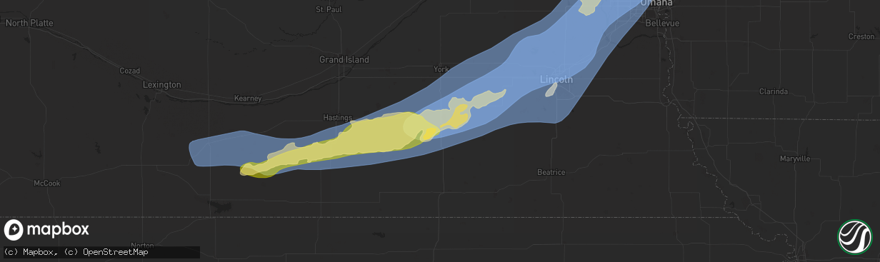 Hail map in Geneva, NE on August 8, 2025