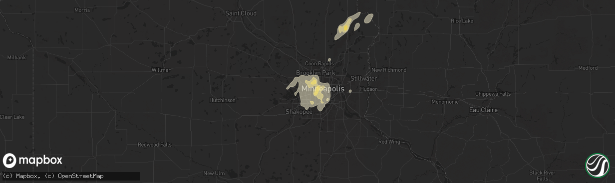 Hail map in Hopkins, MN on August 8, 2025