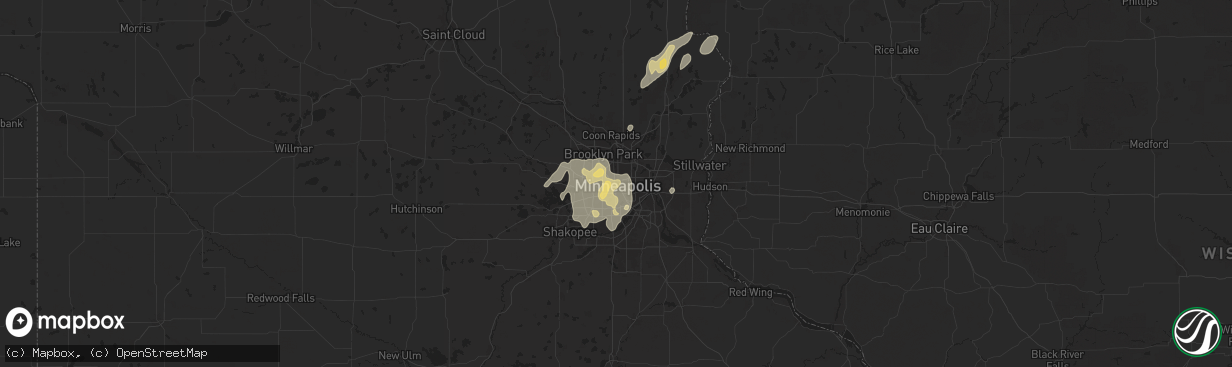 Hail map in Minneapolis, MN on August 8, 2025