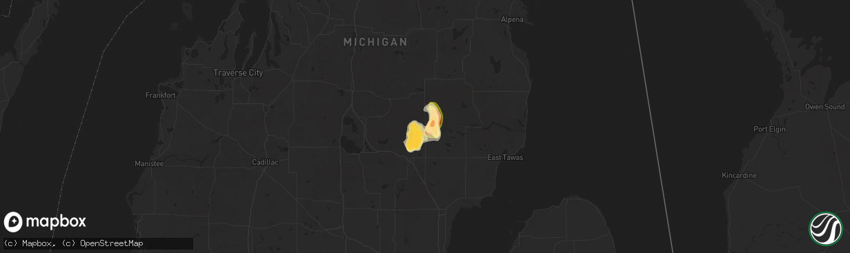 Hail map in Rose City, MI on August 8, 2025