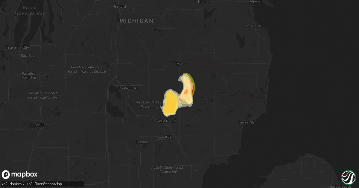 Hail map in Rose City, MI on August 8, 2025