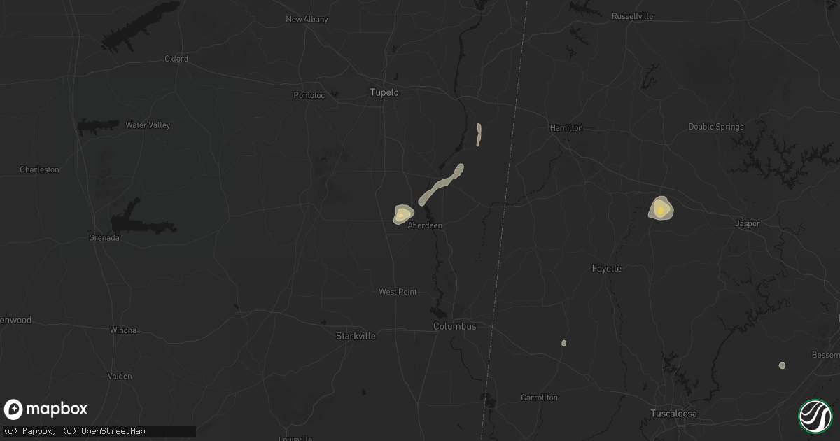 Hail map in Aberdeen, MS on August 8, 2026