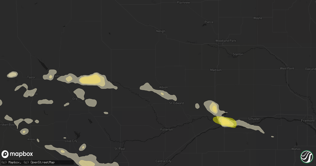 Hail map in Albion, NE on August 8, 2026