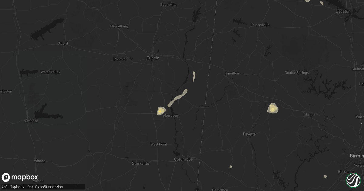 Hail map in Amory, MS on August 8, 2026