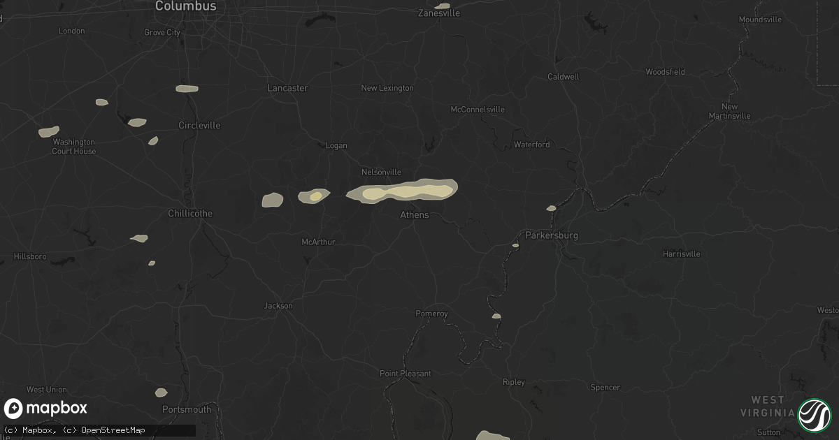 Hail map in Athens, OH on August 8, 2026