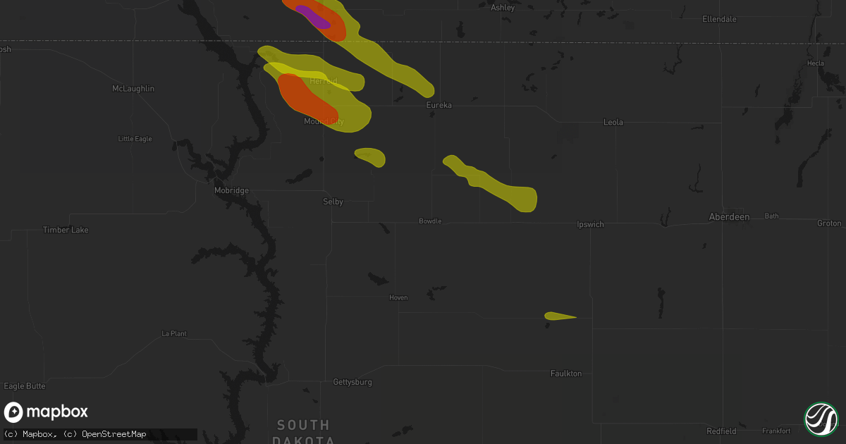 Hail map in Bowdle, SD on August 8, 2026