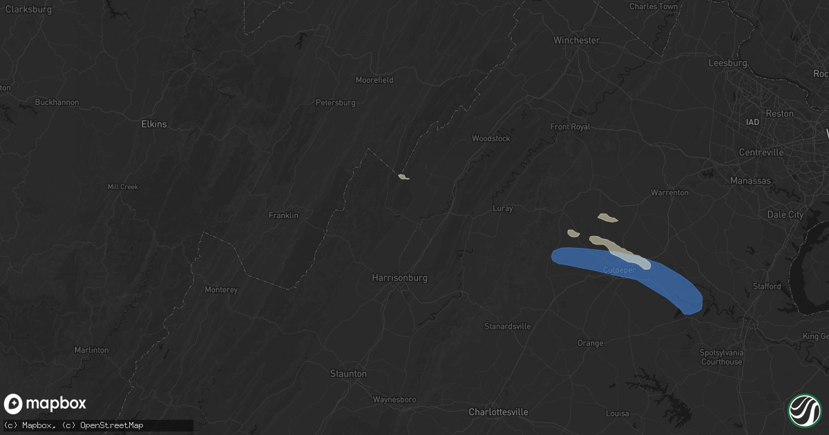 Hail map in Broadway, VA on August 8, 2026