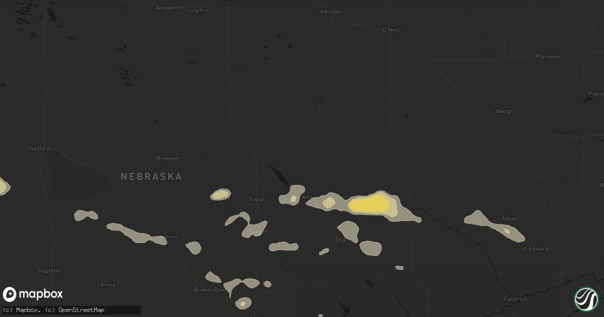 Hail map in Burwell, NE on August 8, 2026