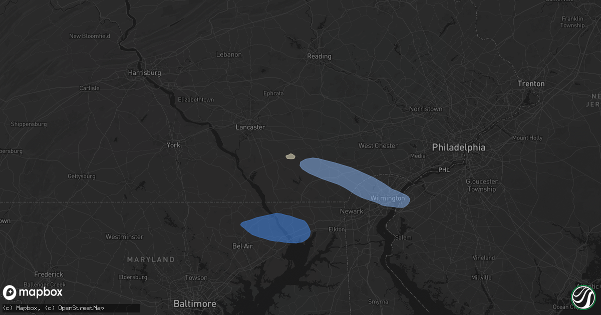 Hail map in Christiana, PA on August 8, 2026