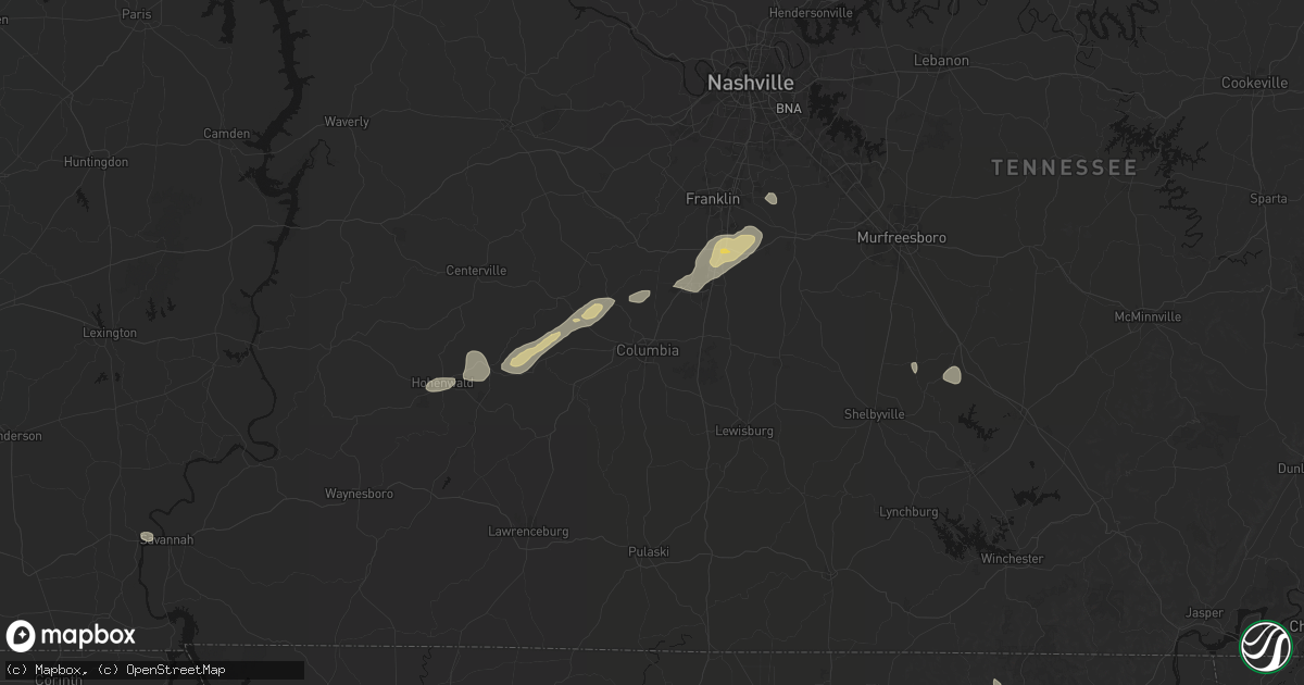 Hail map in Columbia, TN on August 8, 2026