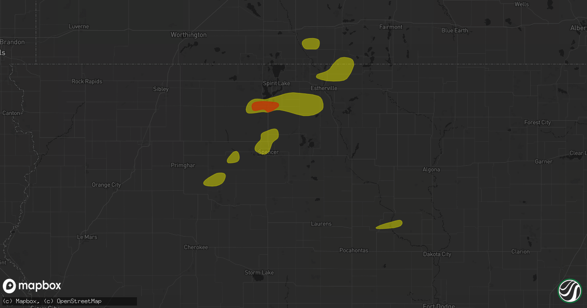 Hail map in Dickens, IA on August 8, 2026