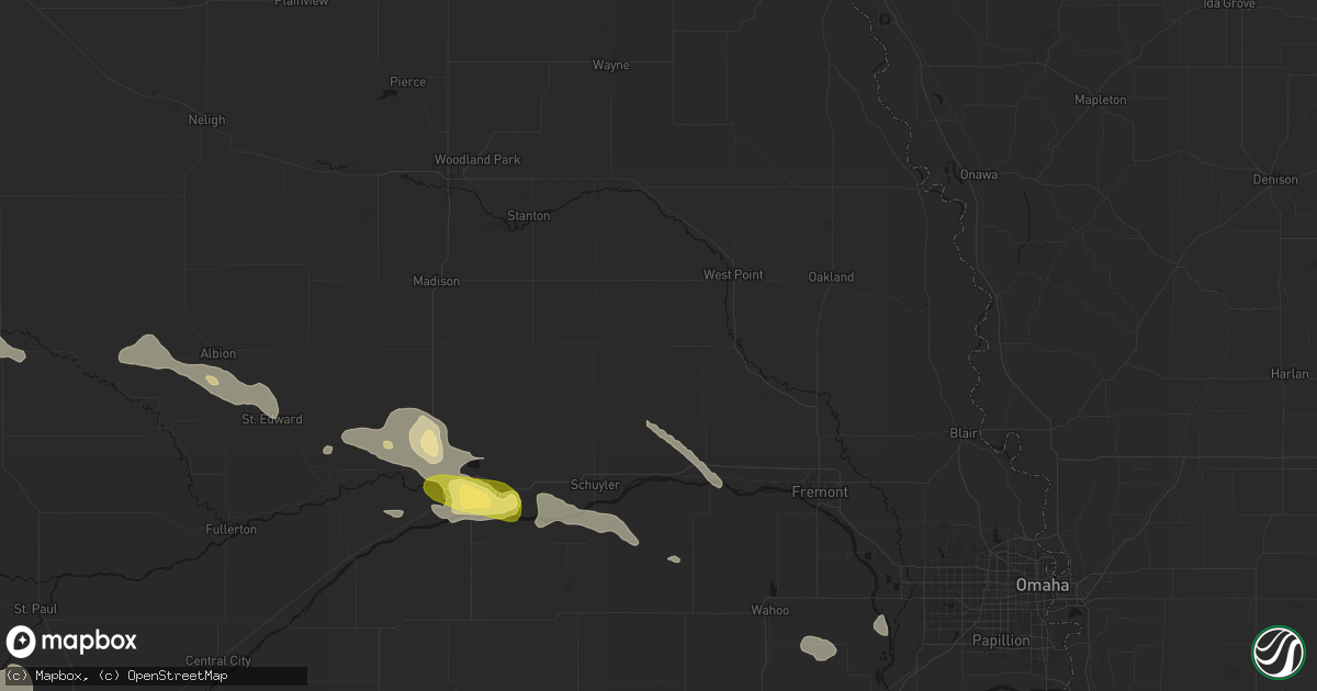 Hail map in Dodge, NE on August 8, 2026
