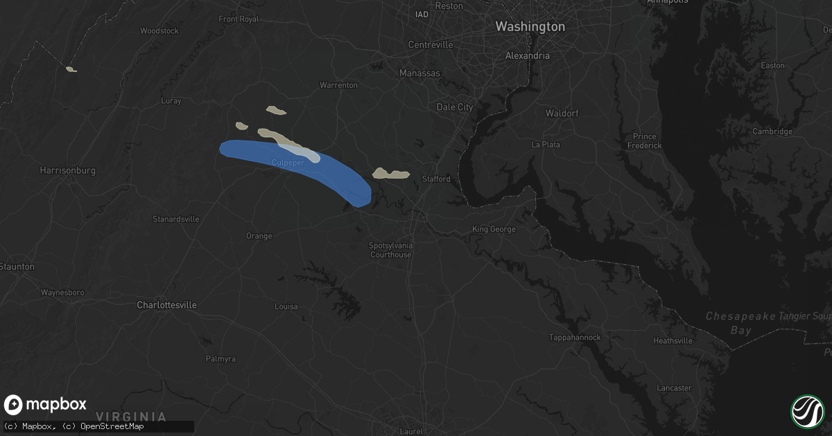 Hail map in Fredericksburg, VA on August 8, 2026